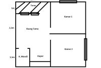 Denah rumah minimalis 5m x 5m dengan 2 kamar tidur dengan teras